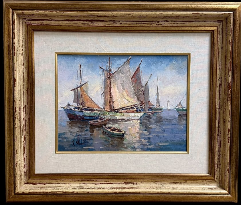 Moored Sailboats, S. Moon: Moored Sailboats, S. Moon Late 20th century, oil on canvas, signed lower left, sight 12 x 15 in., linen liner and parcel gilt frame..good surface condition and overall a good estate piece, not