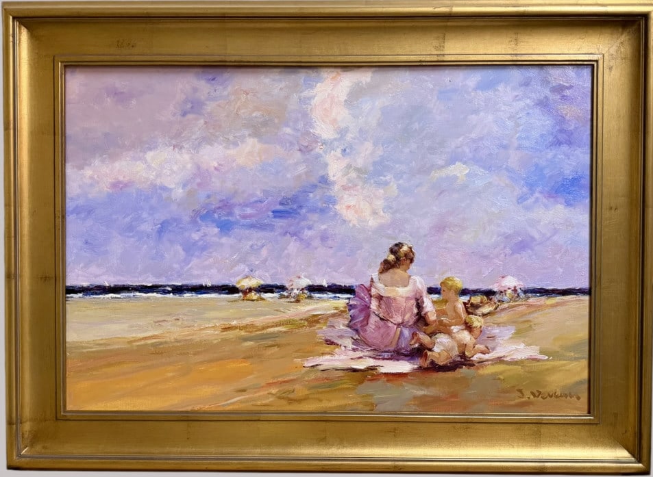 Mother and Children at Beach, Jacques Deveau: Mother and Children at Beach, Jacques Deveau French, b.1937..large oil on canvas, signed lower right, sight 23 x 35 in., contemporary gilt frame..good surface condition, light wear to frame, not