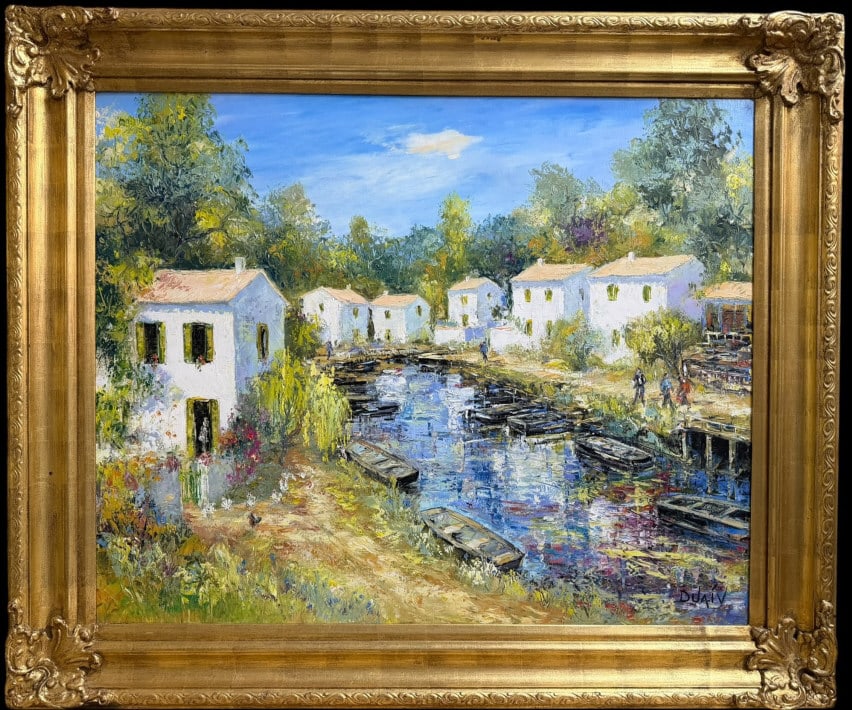 La Sevre Niortaise, Duaiv: La Sevre Niortaise, Duaiv French, b. 1952..oil on canvas, signed lower right, titled on verso, sight 31 x 39 in, gilt wood and composition frame..Surface and frame in very good condition, not