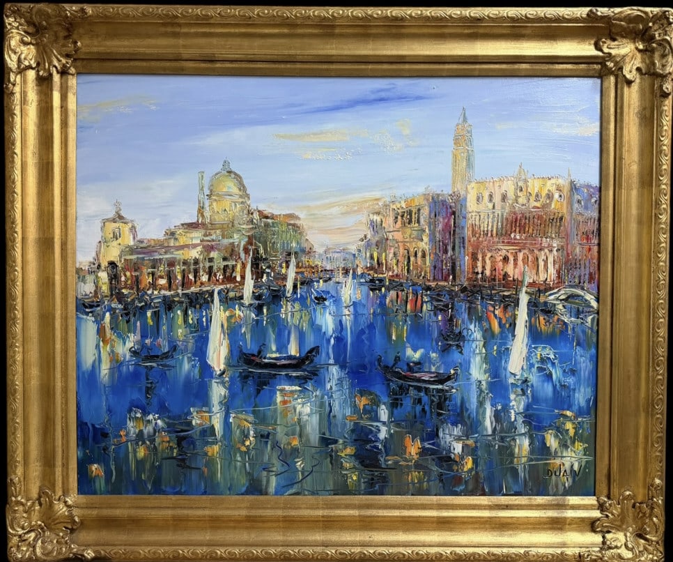 Reflexion a Venise, Duaiv: Reflexion a Venise, Duaiv French, b. 1952..oil on canvas, signed lower right, sight 31 x 39 in., titled and signed on verso, gilt wood and composition frame..vibrant colors, good surface condition, no