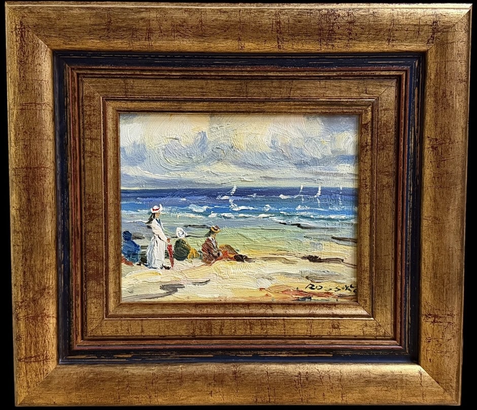 Impressionist Style Painting with Figures on Beach: Impressionist Style Painting with Figures on Beach 20th century, oil on canvas, signed lower right, sight 7 x 9 in., modern gold tone frame..light crackle, good surface condition overall, not