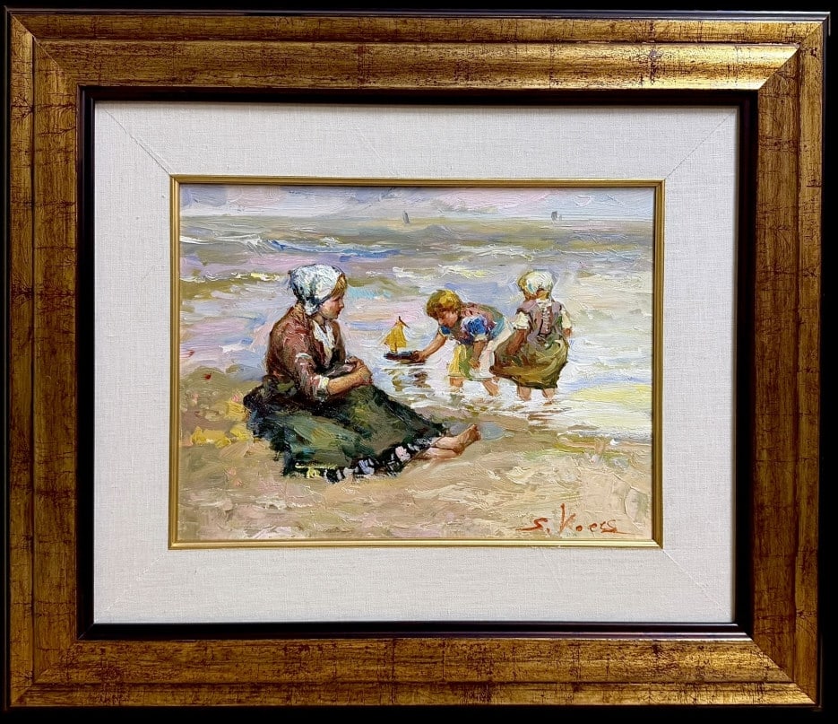 Dutch Children Playing at the Beach: Dutch Children Playing at the Beach Late 20th century, oil on canvas, signed lower right, sight 12 x 15 in., gilt liner and linen mat, modern parcel gilt frame..good surface condition and overall very