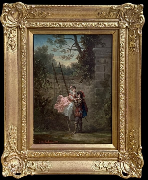 Courting Scene in the Garden, J. A. Chantrelle: Courting Scene in the Garden, J. A. Chantrelle Oil on canvas, signed and dated 1885 lower left, sight 12.5 x 9 in., gilt wood frame..good surface condition overall, rubbing to canvas at frame