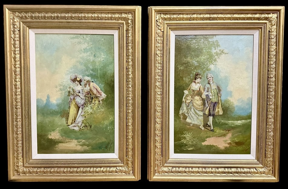 Two Framed Courting Scenes: Two Framed Courting Scenes In the style of the French school, fine art giclees on canvas with hand painted embellishments, sights 17 x 1- in., uniformly framed..both with light crackle to painted