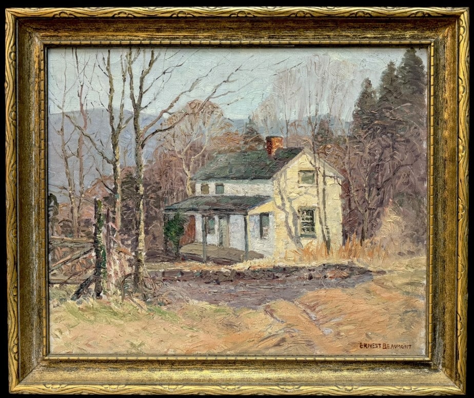 Farmhouse in Mountain Landscape: Farmhouse in Mountain Landscape New York, 1871-1933..oil on canvas, signed lower right, sight 17 x 21 in., stretcher bar with pencil notation: 18 Phil Rosenthal, carved gilt frame..surface dirt, crack