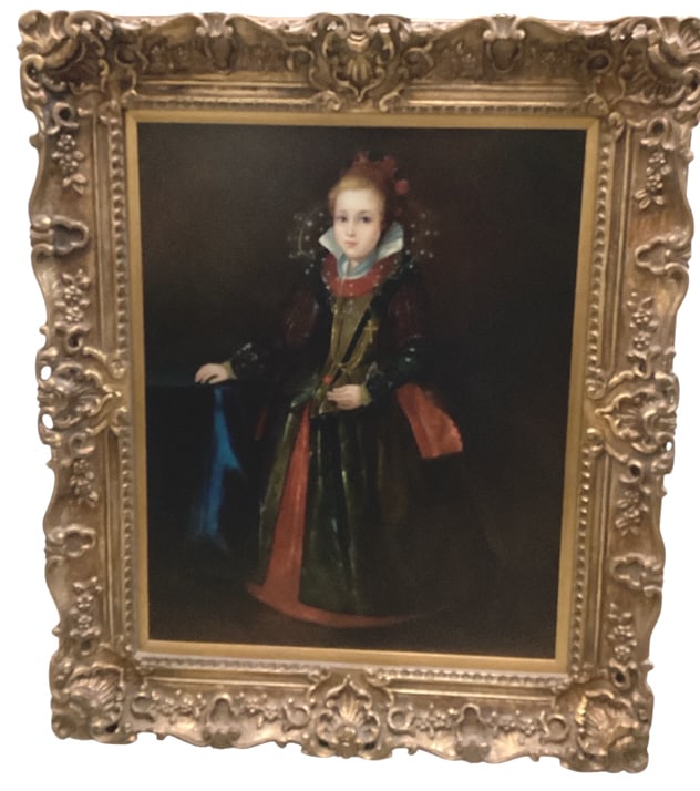 Framed Portrait of a Young Noblewoman: Framed Portrait of a Young Noblewoman 20th C Oil painting on canvas depicting a young noblewoman in ornate attire. Presented in a richly detailed gilt wooden frame. Back wired for hanging. Frame