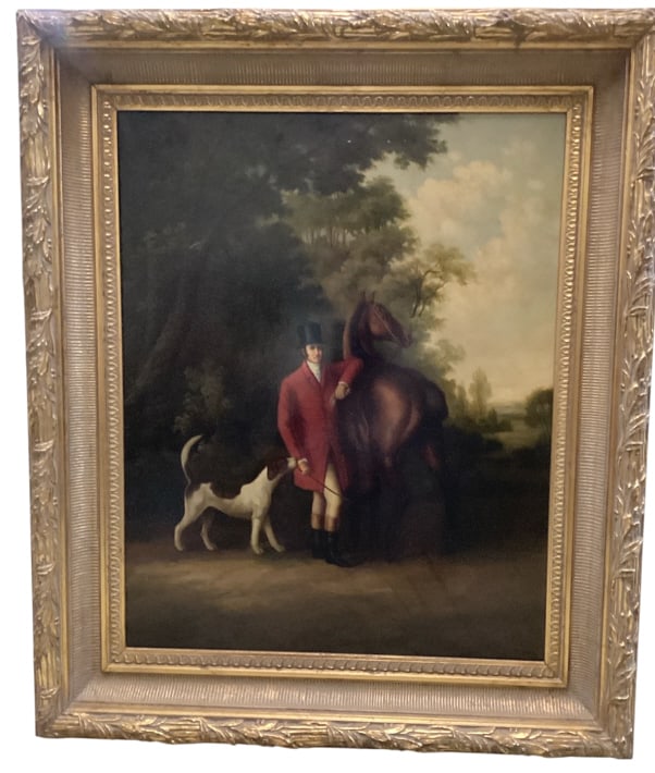 Equestrian Portrait in Ornate Gilt Frame: Equestrian Portrait in Ornate Gilt Frame 20th C Oil painting depicting a man in a red hunting coat with a horse and a dog. Encased in an elaborate gilded frame with leaf motif details. Dimensions and 