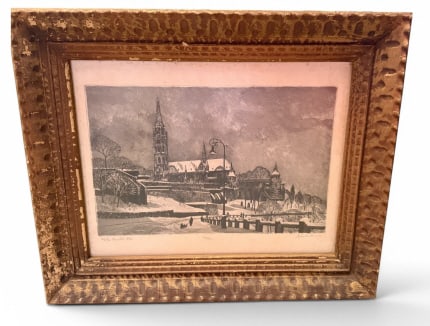 Matthias Church, Budapest in Winter Etching: Matthias Church, Budapest in Winter Etching A beautifully detailed, atmospheric mid-century limited-edition etching depicting a snowy winter day at the iconic Matthias Church (Mátyás-templom