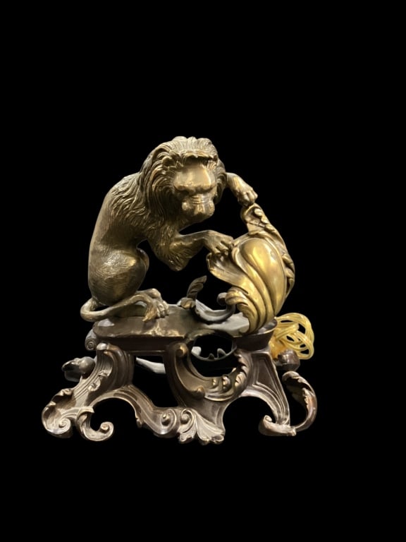 Bronze Lion Sculpture Lamp: Bronze Lion Sculpture Lamp Contemporary design modeled after a French work similar to that of Antoine-Louis Barye. Sculpture measures 10 inches with total height 21 inches.