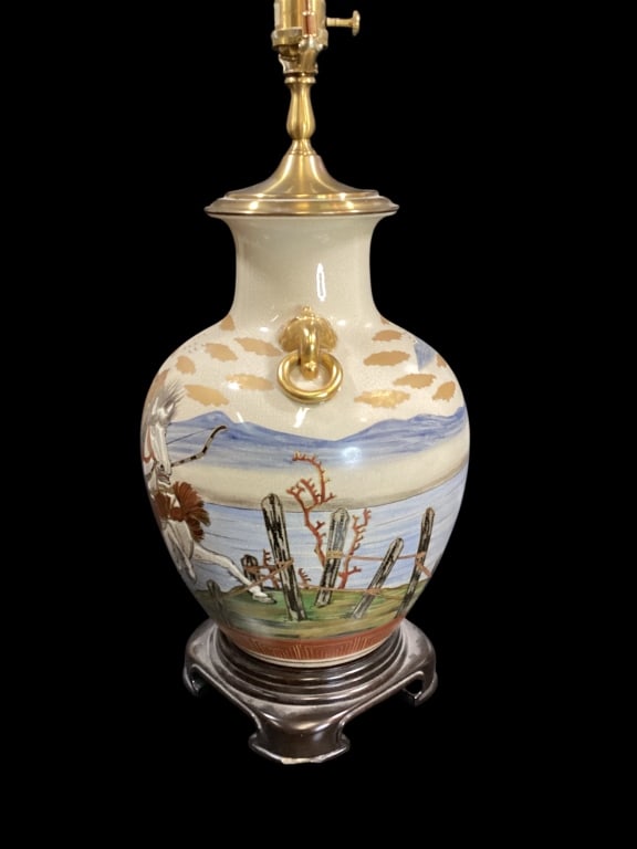 Satsuma Pottery Vase Lamp: Satsuma Pottery Vase Lamp Hand painted with detailed figure of a Samurai warrior on his horse. Distinctive ivory ground with crackle glaze, gilt accents including ring handles. 16 inch bulbous form va