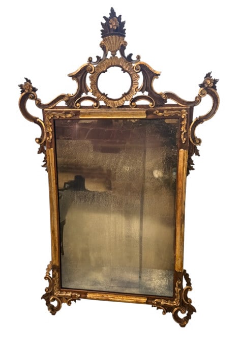 Antique Italian Rococo Gilt Pier Wall Mirror: Antique Italian Rococo Gilt Pier Wall Mirror Antique Italian Rococo or Venetian style pier wall mirror. Features a walnut and giltwood rectangular frame flanked by sweeping architectural scroll suppor