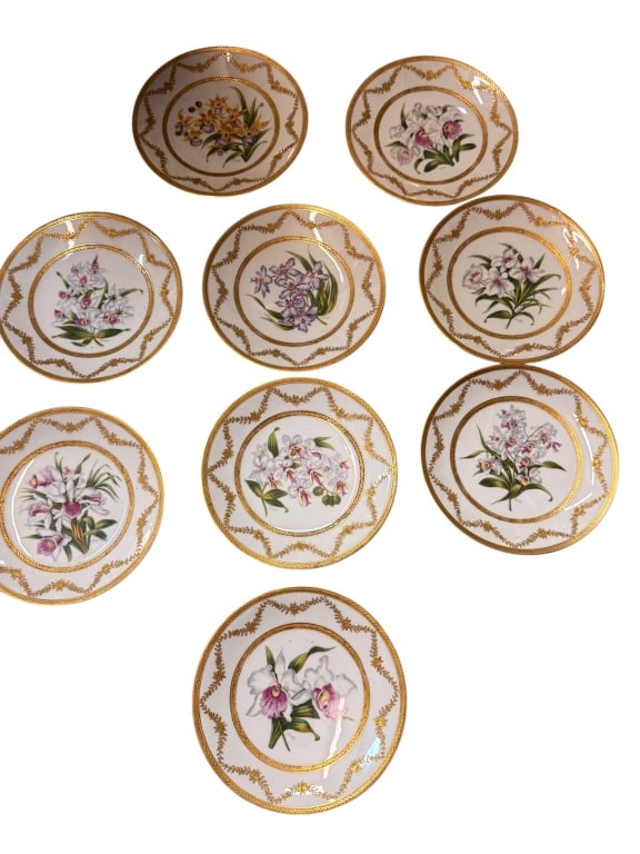 9 Hand-Painted Porcelain Orchid Plates by Schopp: 9 Hand-Painted Porcelain Orchid Plates by Schopp An exceptional and rare set of nine (9) antique French porcelain cabinet or dessert plates by Tressemann & Vogt (T&V) Limoges, retailed by the luxury N