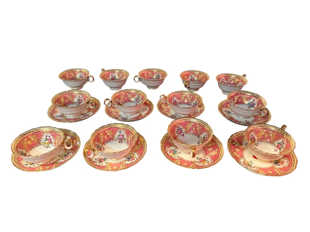 Cauldon Tiffany & Co. Pink Gilt Tea Cups: Cauldon Tiffany & Co. Pink Gilt Tea Cups Antique English bone china assembled afternoon tea set manufactured by Cauldon China for retail by the luxury establishment Tiffany & Co. (New York). The servi