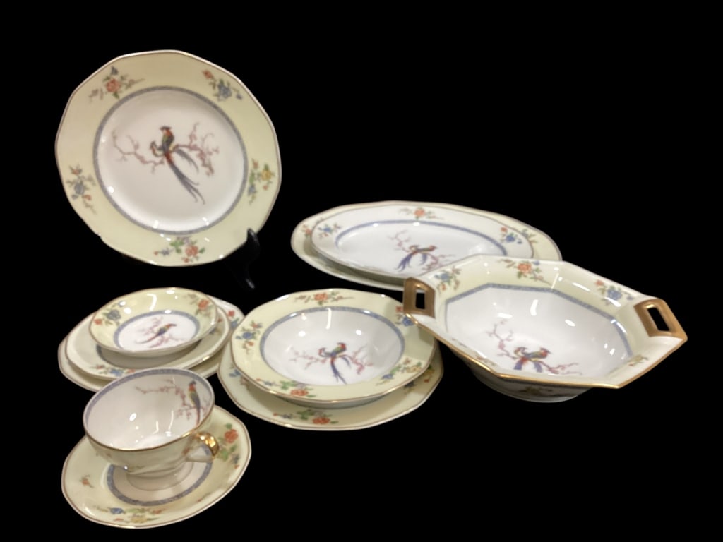 Haviland Limoge China: Haviland Limoge China 82 pieces Chambord pattern, featuring feathered birds, blue banding, with floral bouquets. partial set with some serving pieces Line Item # 11
