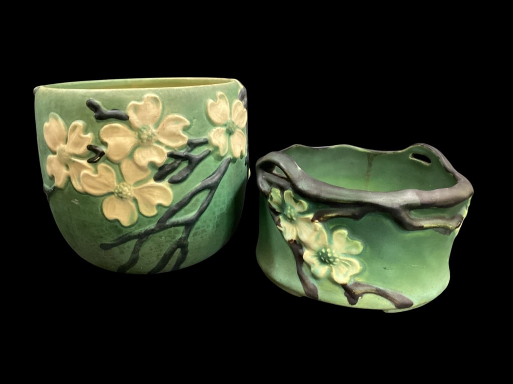 Roseville Art Pottery: Roseville Art Pottery 2 pieces Dogwood pattern smooth Jardinere planter, green matte glaze 8 inches, about 1928. Dogwood II console tub, deep rich green with creeping dark brown rim.