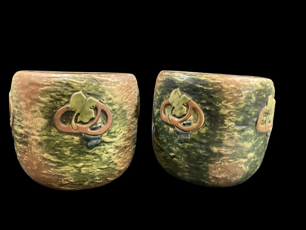 Pair Roseville Jardineres: Pair Roseville Jardineres Imperial I Textured pattern Jardineres, introduced in 1921, featuring distinctive textured bark like glaze, in organic shades of green, brown and tan, with stylized vine and 