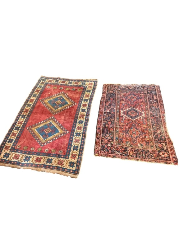 Two Antique Persian Tribal Wool Area Rugs: Two Antique Persian Tribal Wool Area Rugs Persian Shiraz or Caucasian-style rug featuring a vibrant terracotta-red field populated by two large, diamond-shaped geometric medallions in blue and gold, s