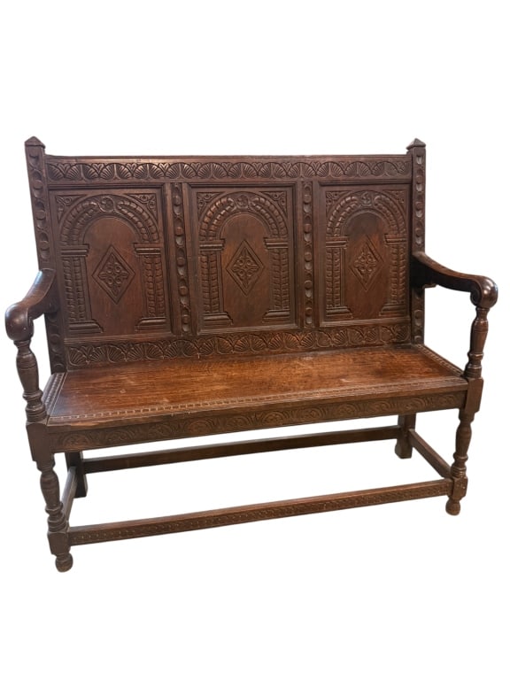 Antique Jacobean Style Carved Oak Settle (1 of 4)