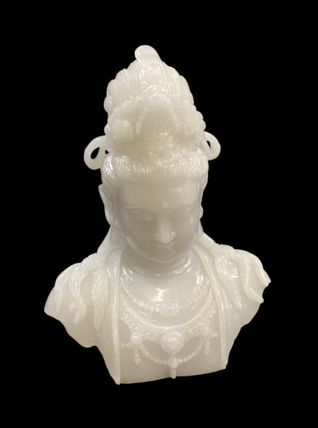 Natural White Jade Carving Guanyin: Natural White Jade Carving Guanyin The Goddess of Compassion, carved as a bust statue with intricate details including ornate hair style, traditional necklaces. Pure white 10 inch bust