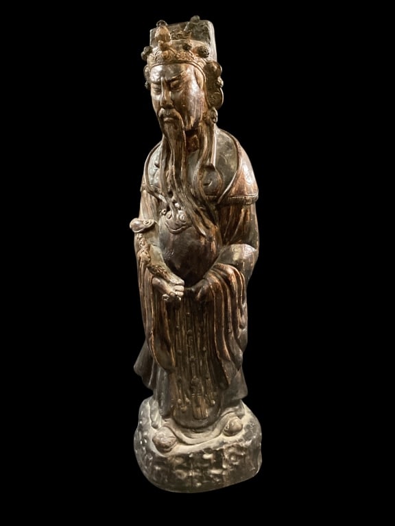 Chinese Immortal: Chinese Immortal Cast ceramic figure of Chinese Immortal, 30 inches tall with detailed form and holds auspicious articles in hand. Made by Austin Products, stamped to base.