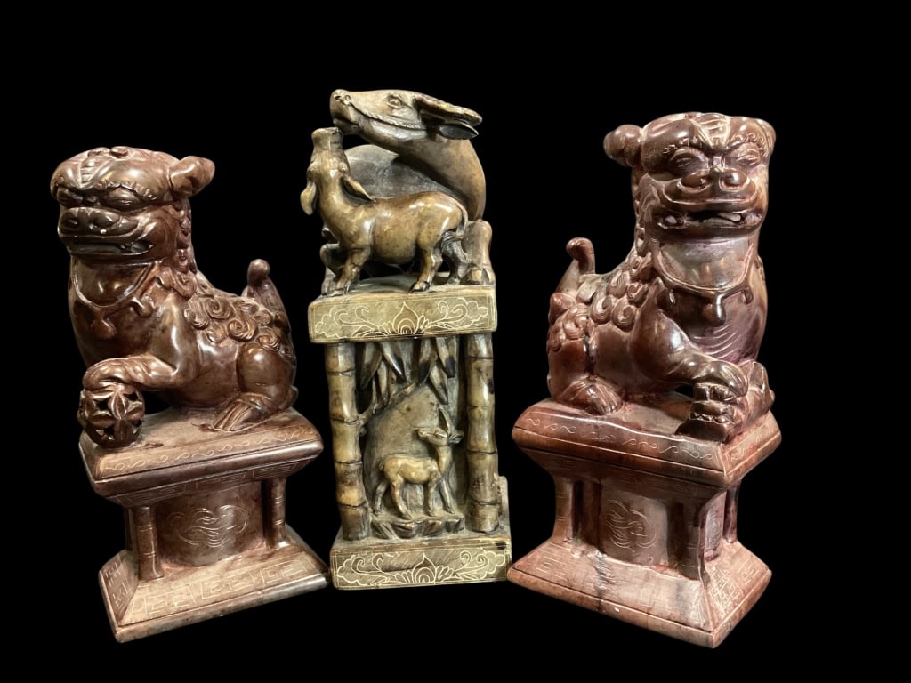 Chinese Seal Stone, Pair Foo Lions: Chinese Seal Stone, Pair Foo Lions Carved hard stone chop seal, 8 inches tall, with animals, landscape and bamboo. Water Buffalo. Pair hard stone carved Chinese Guardian foo Lions, shown as male and f