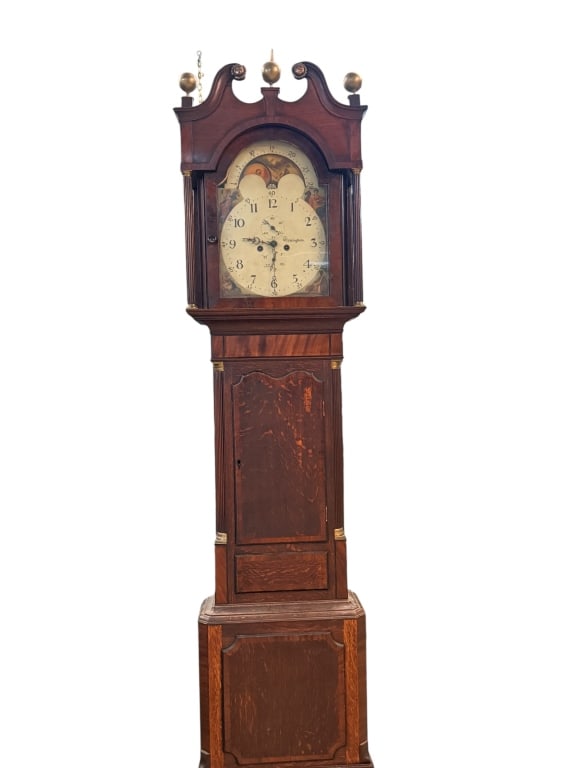 E. White Birmingham Antique Longcase Clock: E. White Birmingham Antique Longcase Clock Antique 19th-century English Georgian or Victorian longcase grandfather clock. The mahogany case is built with an inlaid swan-neck pediment hood featuring th