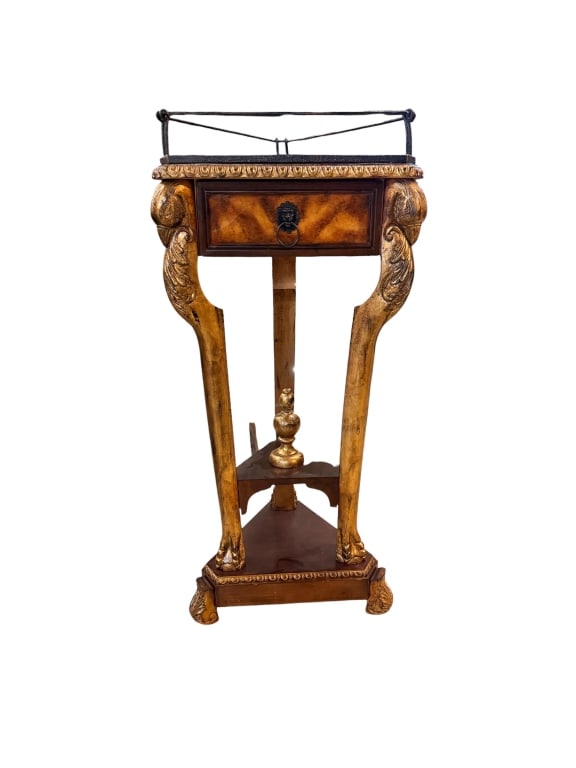 Empire Style Gilt Triangular Pedestal Stand: Empire Style Gilt Triangular Pedestal Stand Vintage French Empire or Neoclassical style triangular pedestal plant stand or vitrine table. Features a three-sided top fitted with a dark composite stone 