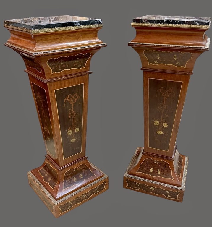 Pair Louis XVI Style Pedestals: Pair Louis XVI Style Pedestals 20th century, tapered forms with faux marble tops *not attached, ormolu trim and faux painted inlay, some fading and shrinkage cracks and signs of age related wear, over