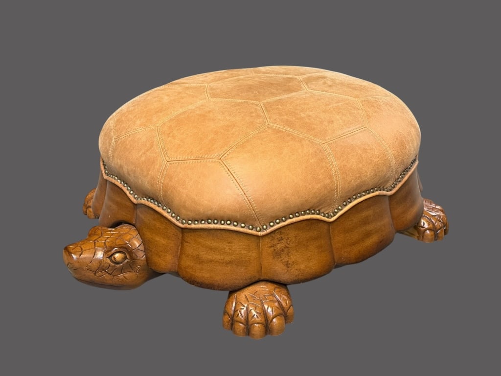 Leather & Carved Wood Turtle Ottoman (1 of 5)