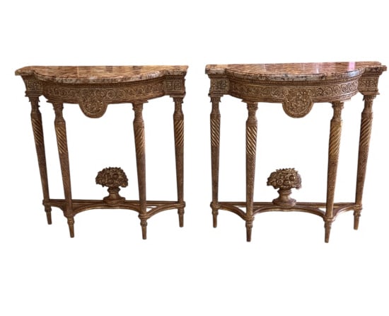 Pair of Antique French Louis XVI Style Console: Pair of Antique French Louis XVI Style Console Tables Elegant pair of matching antique French Louis XVI style console tables. Each table features a bow-front demilune shape topped with a thick, beauti