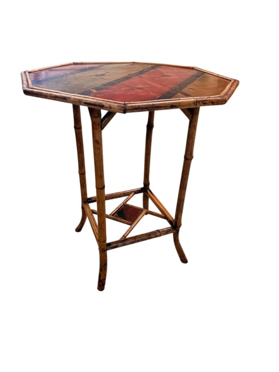 Antique British Aesthetic Bamboo Side Table: Antique British Aesthetic Bamboo Side Table Aesthetic Movement tortoiseshell bamboo side table. Features a prominent octagonal top inset with a lacquered, hand-painted Chinoiserie panel depicting bird