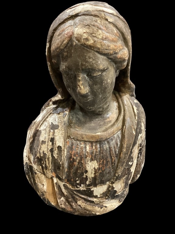 Carved Antique Bust Virgin Mary: Carved Antique Bust Virgin Mary Reliquary Italian school hand carved bust, iconic styled with down cast eyes, covered head, flowing robe. Trace old polychrome paint, revealing wood underneath. 9.5 inc