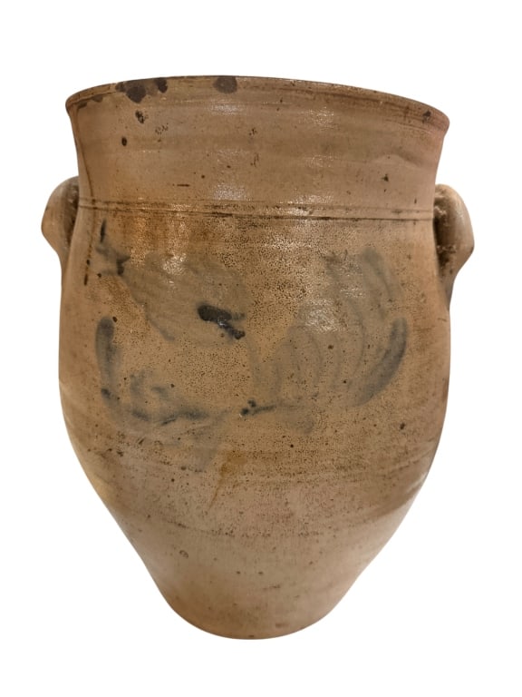 19th C American Cobalt Stoneware Ovoid Jar: 19th C American Cobalt Stoneware Ovoid Jar Antique 19th-century American salt-glazed stoneware ovoid storage jar or crock. Features an un-stamped shoulder flanked by two heavy applied lug handles and 