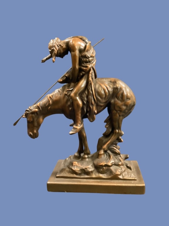 Recast Bronze, End of the Trail: Recast Bronze, End of the Trail After the original by James Earle Fraser. 15 x 12 inches, bronze cast depicting a Native American on horse. The original created for the 1915 international Exposition