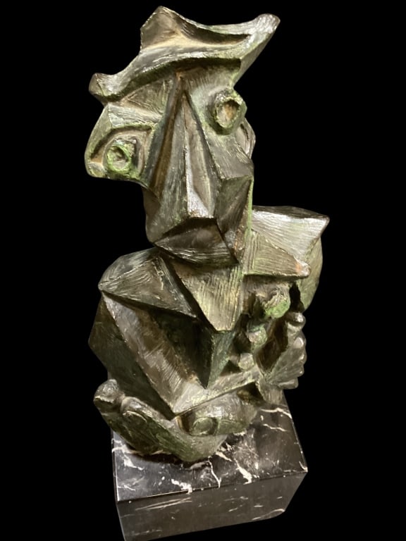 Bronze Abstract Sculpture: Bronze Abstract Sculpture Cubist style work. Pure analytical Cubism, this piece as a geometric interpretation of Harlequin. Cast bronze with brown patinated. Signature and dated, but not determined, 1