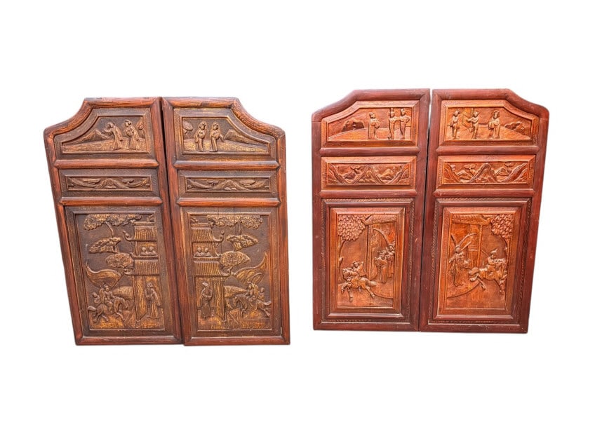 Two Pairs Chinese Carved Wood Wall Panels: Two Pairs Chinese Carved Wood Wall Panels Collection of four Chinese hand-carved wooden architectural panels, arranged as two matching pairs. Each panel features an asymmetrical arched upper profile d