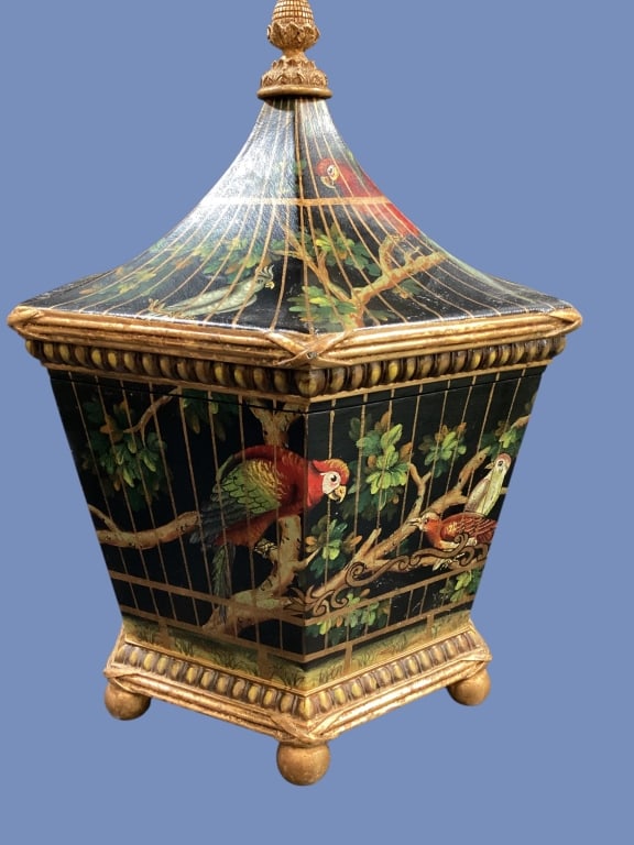Maitland Smith Decorative Box: Maitland Smith Decorative Box Hexagonal Birdcage design storage box, with hand painted scenes of parrots and birds, hinged lift lid, with safety chain. 16 inches tall, gilt artichoke finial, ball