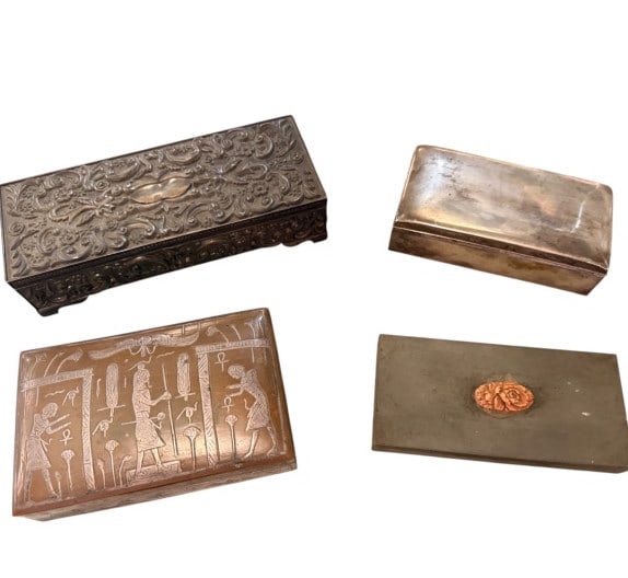 Collection of Four Vintage Trinket Boxes: Collection of Four Vintage Trinket Boxes One long footed metal box with dense Art Nouveau floral relief work and a burgundy velvet-lined interior; one mixed-metal copper and brass Egyptian Revival