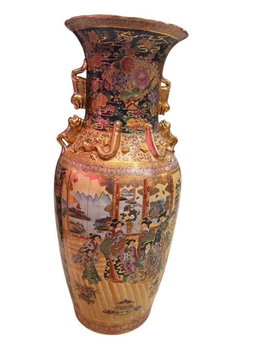Large Chinese Style Satsumi Floor Vase: Large Chinese Style Satsumi Floor Vase A large, vintage Chinese porcelain floor or temple vase executed in the Japanese Satsuma revival style. The body is densely decorated with gilt-accented enamel-p