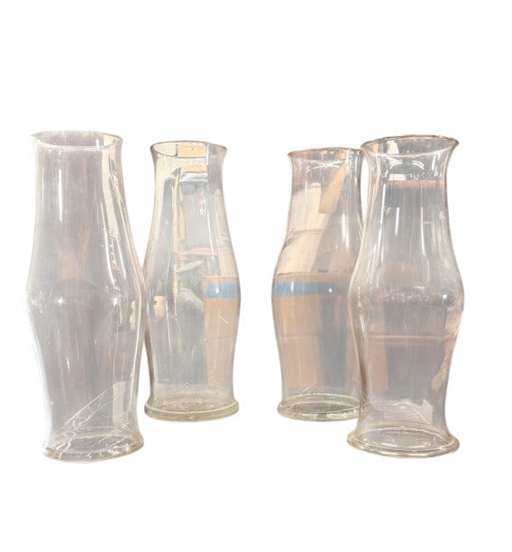 Set 4 Glass Hurricane Globes: Set 4 Glass Hurricane Globes Mixed group of four vintage clear glass hurricane lamp chimney shades with classic baluster-form bodies. Three of the shades are hand-blown clear glass. The fourth shade