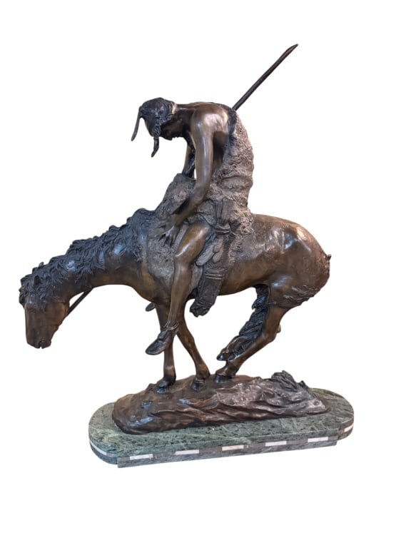 Bronze End Of The Trail Sculpture After Fraser: Bronze End Of The Trail Sculpture After Fraser Patinated bronze sculpture titled End of the Trail, after the famous original design by James Earle Fraser. The piece depicts a weary Native American