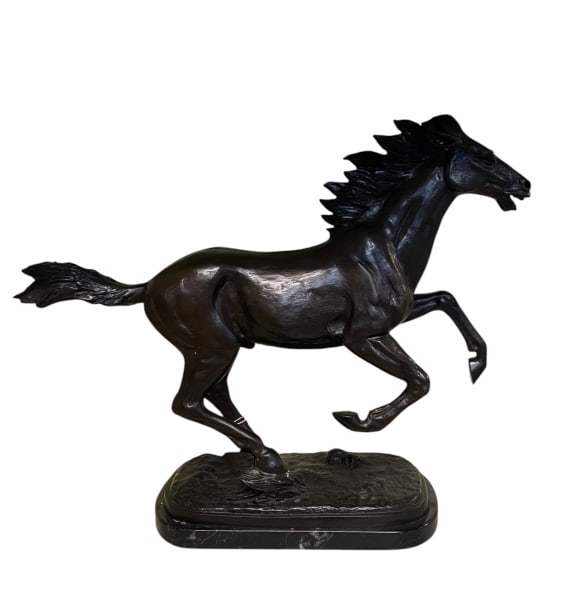 Bronze Sculpture of a Galloping Horse: Bronze Sculpture of a Galloping Horse Mid to latter 20th century, cast bronze on an oval marble base, unmarked and unsigned, underside with Made in Thailand label, good condition overall, 16.5H x 21W 