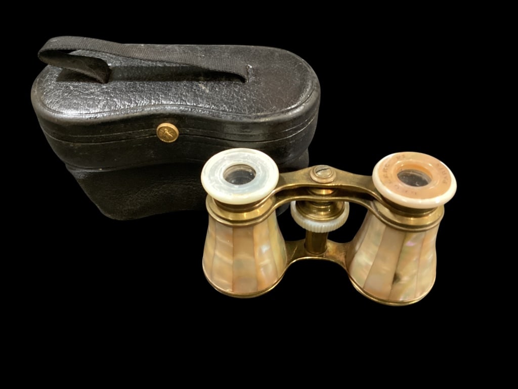 French Opera Glasses: French Opera Glasses Vintage Mother of Pearl, gold finished Le Clerc French Opera glasses, marked Paris, with leather case