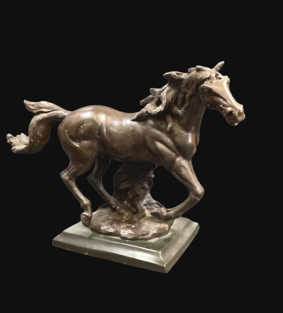 Maitland Smith Statuary Horse: Maitland Smith Statuary Horse Bronze finished figure of galloping horse, 15 inches long with flowing tail. Captures the freedom of a dynamic horse. Paper label * damage to right ear Line Item # 65