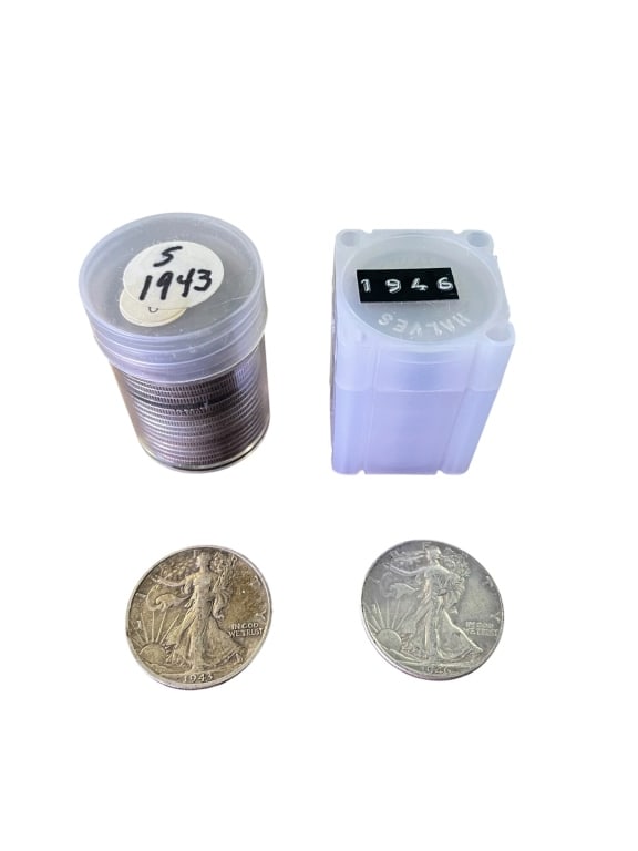 Walking Liberty Silver Half Dollars 1943S and 1946: Walking Liberty Silver Half Dollars 1943S and 1946 Two vintage container rolls of U.S. Walking Liberty half dollars, totaling 40 coins struck in 90% silver. The lot includes one roll labeled 1943S and
