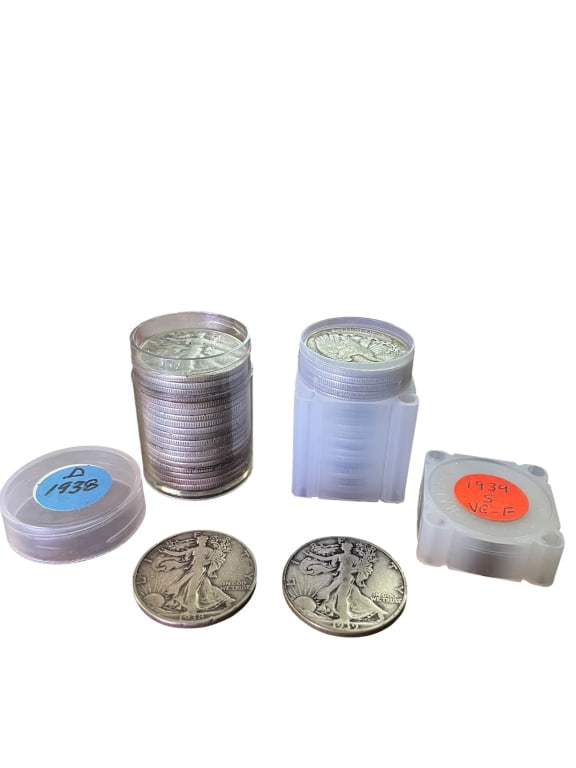 Walking Liberty Silver Half Dollars1938D and 1939S: Walking Liberty Silver Half Dollars1938D and 1939S Two vintage rolls of U.S. Walking Liberty half dollars, totaling 40 coins struck in 90% silver, 20 coins per protective tube. This highly desirable l