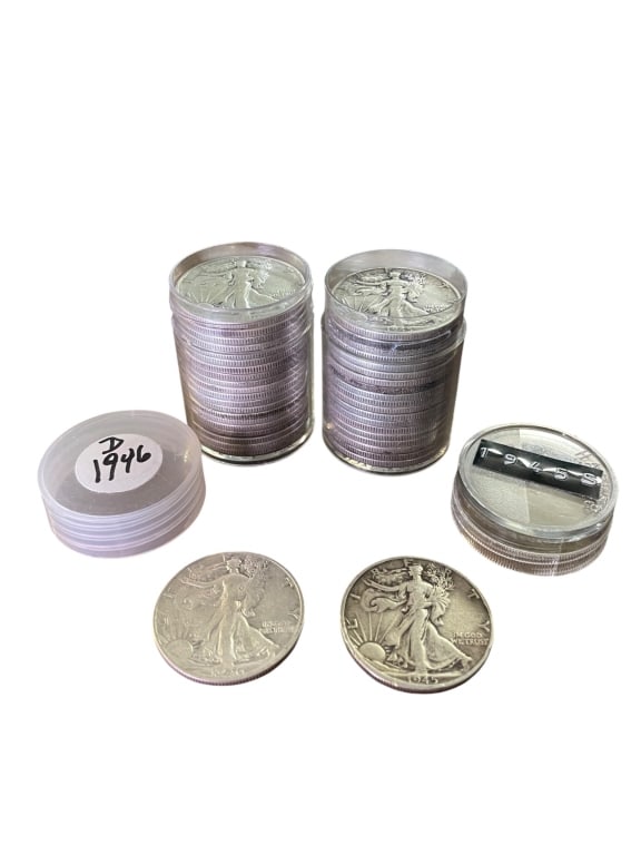 Walking Liberty Silver Half Dollar 1946D and 1945S: Walking Liberty Silver Half Dollar 1946D and 1945S Two vintage rolls of U.S. Walking Liberty half dollars, containing a total of 41 coins struck in 90% silver. 21 Coins in 1946D tube and 20 in 1945S. 