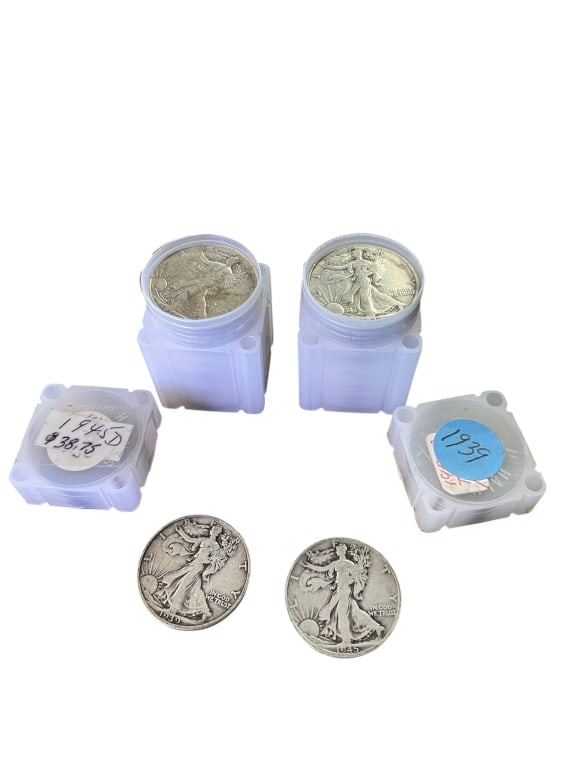 Walking Liberty Silver Half Dollars 1939 and 1945D: Walking Liberty Silver Half Dollars 1939 and 1945D Two vintage rolls of U.S. Walking Liberty half dollars, totaling 40 coins struck in 90% silver, 20 coins per protective plastic tube). The lot includ