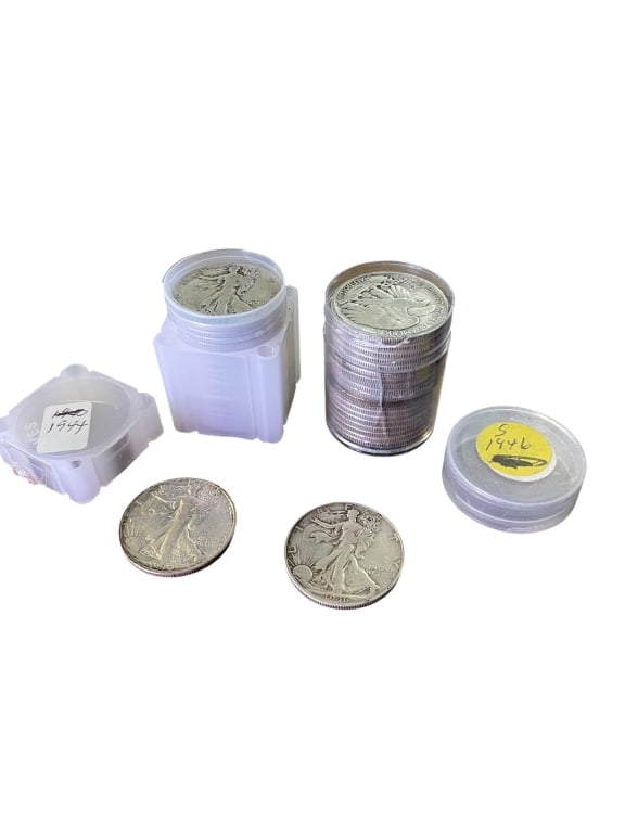 Walking Liberty Silver Half Dollars 1944 & 1946-S: Walking Liberty Silver Half Dollars 1944 & 1946-S Two vintage rolls of U.S. Walking Liberty half dollars, containing a total of 40 coins struck in 90% silver, 20 coins per protective roll. This lot fe