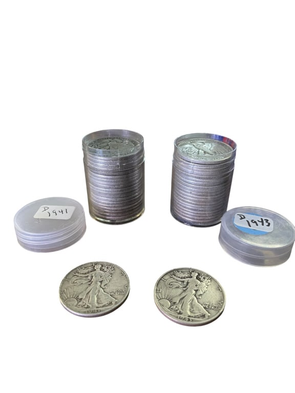 Walking Liberty Silver Half Dollars 1941D & 1943D: Walking Liberty Silver Half Dollars 1941D & 1943D Vintage rolls of U.S. Walking Liberty half dollars, totaling 40 coins struck in 90% silver, 20 coins per protective plastic tube. The lot includes one